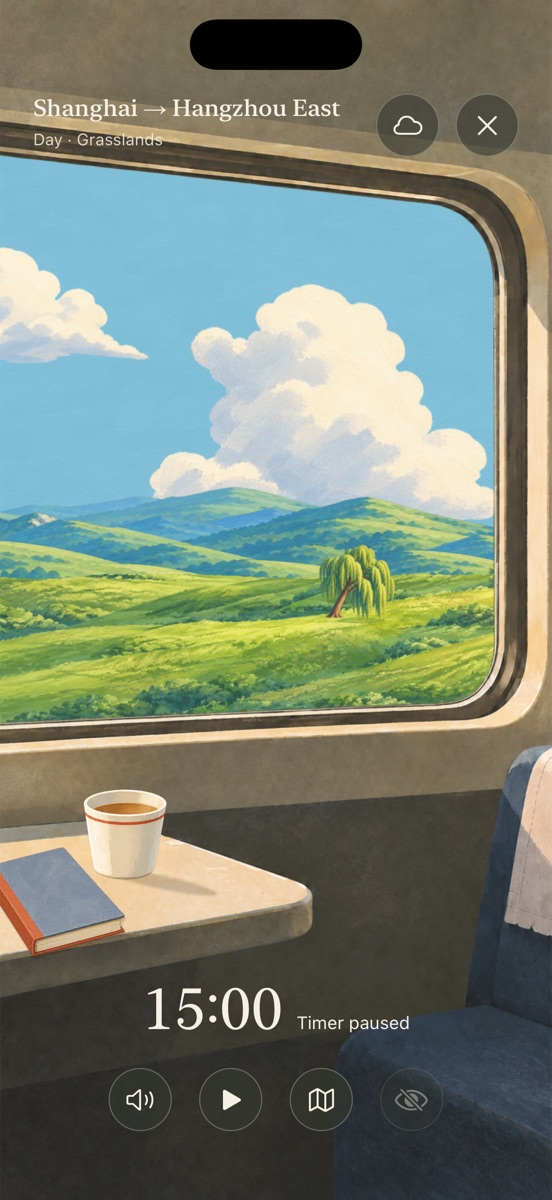 The Window Seat train cabin, with painted scenery passing outside